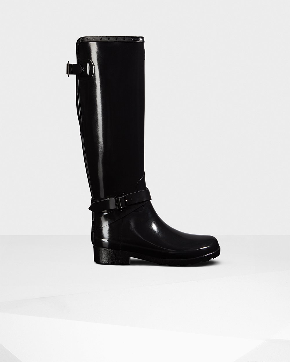 Bottes Hautes de Pluie Hunter Refined Adjustable Gloss Femme Noir XSVWRIL-74